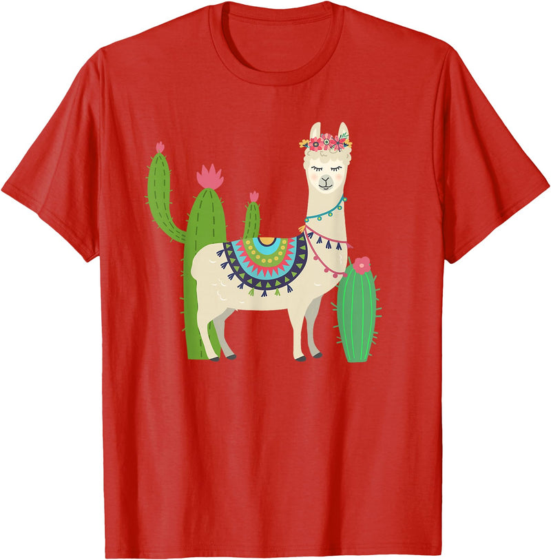 Captivaca Llama Shirts Cute Llama with Flower & Cactus/Llama Lover Gift T-Shirt Small - Red