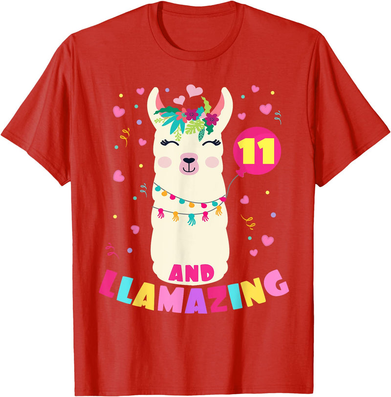 Llamazing Birthday Party Outfit Llama Lovers Llamazing 11 Years Old Girl Birthday Cute Llama Alpaca Kids T-Shirt - Red