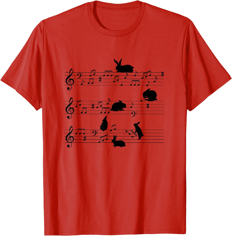 Cute Bunny Rabbit Playing Music Notes Musician T-Shirt in Red