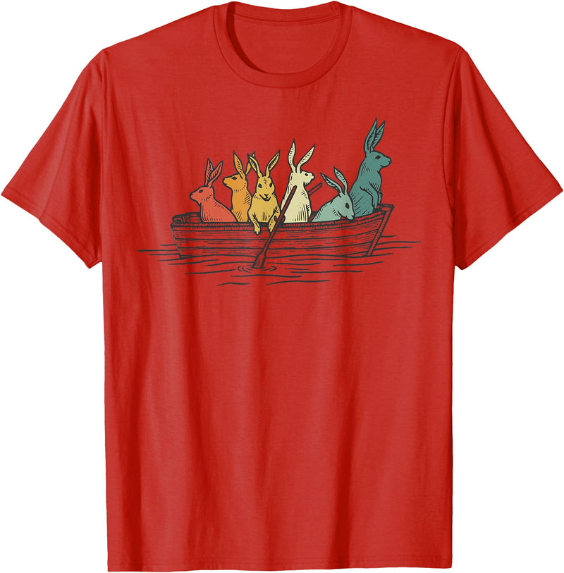 Pretty Rabbits in Retro Colors in a Boat - Bunny Rabbit T-Shirt in Red