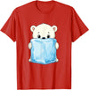 Cute Arctic Polar Bear With Ice Cube Kawaii Baby Polar Bear Holding Ice Cube Cartoon T-Shirt - Red