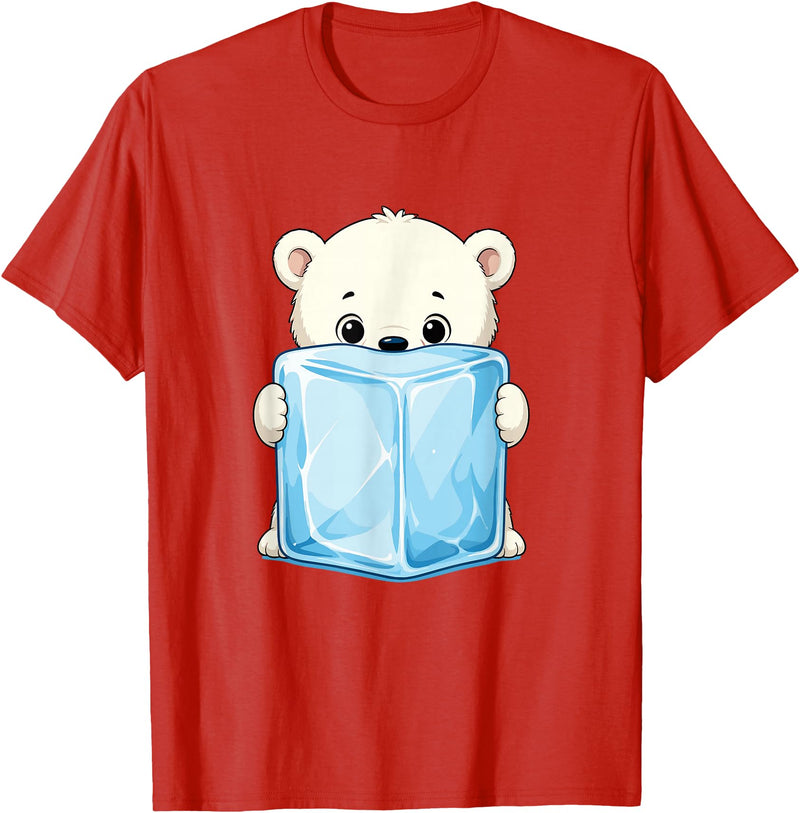 Cute Arctic Polar Bear With Ice Cube Kawaii Baby Polar Bear Holding Ice Cube Cartoon T-Shirt - Red