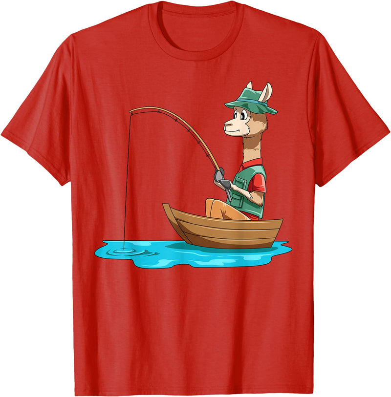 SubliminalFantasy Co. Llama Fishing Llama Fisherman Boat Fishing Lovers T-Shirt - Red