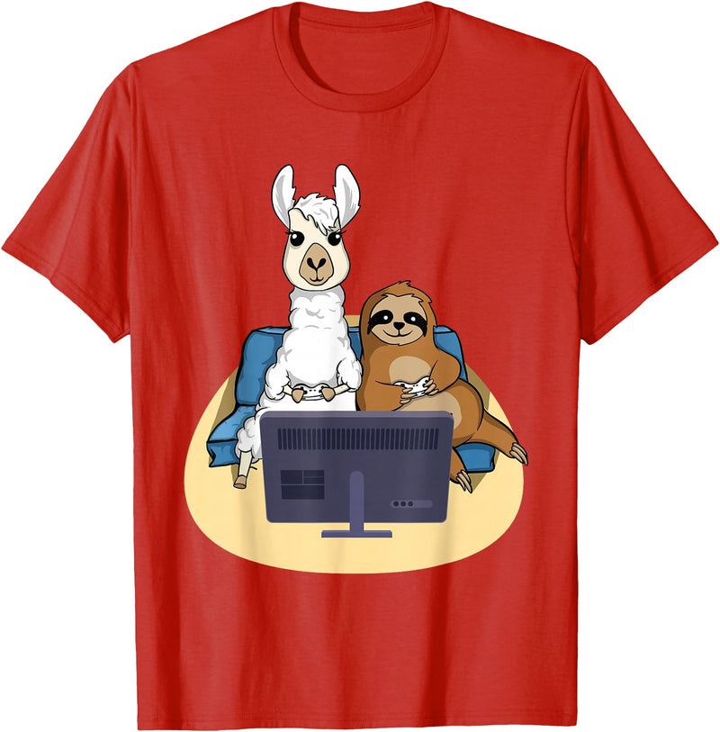 Funny Llama Shirts Sloth And Llama Gamer - Zookeeper Zoo Animal Lovers T-Shirt - Red