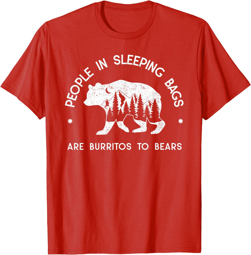 IN NATURE DESIGN CO. PEOPLE IN SLEEPING BAGS ARE BURRITOS TO BEARS T-Shirt - Red