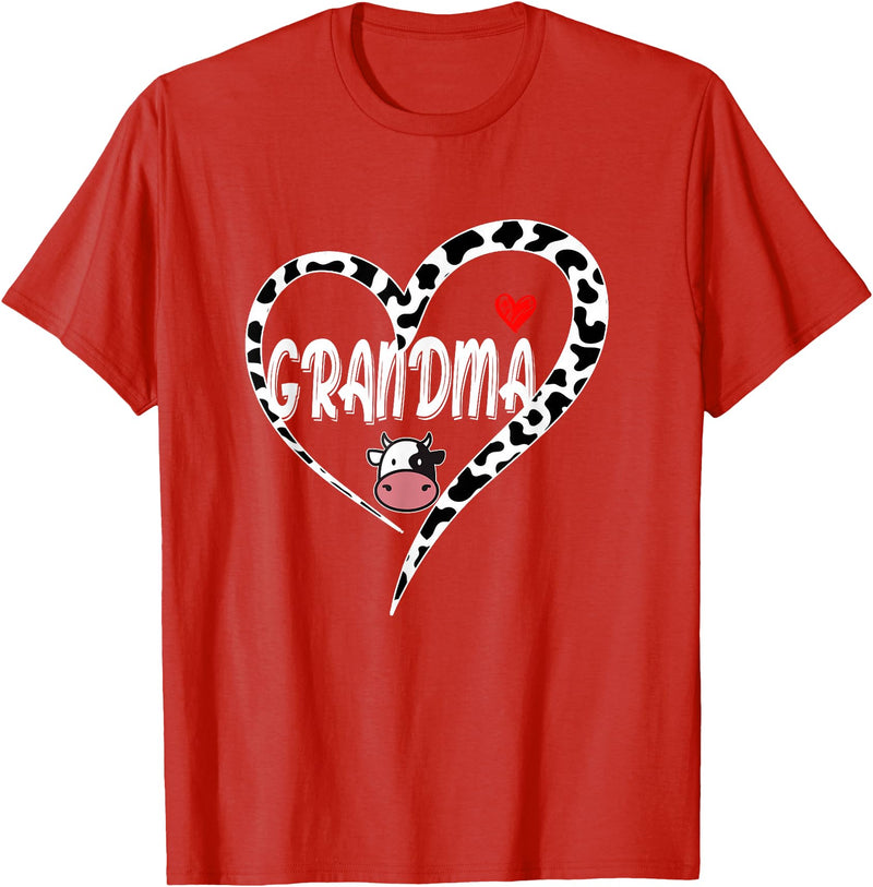 Black White Family Cow Farm Grandma Cow Print Cow Heart Pattern Farmer Cows Mother's Day T-Shirt - Red