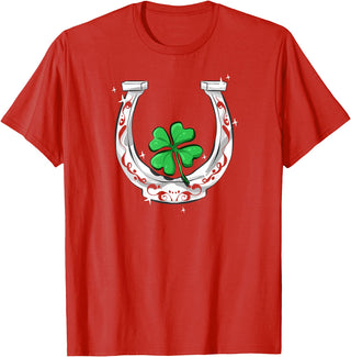 Lucky Clover Horses Co Horseshoe Lucky Four Leaf Clover Horse T-Shirt - Red