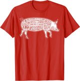 Pig Grilling Pork BBQ Bacon Lover Fun Gift Idea Lard Cuts Image Pig Parts Diagram Illustration Butcher Print T-Shirt - Red