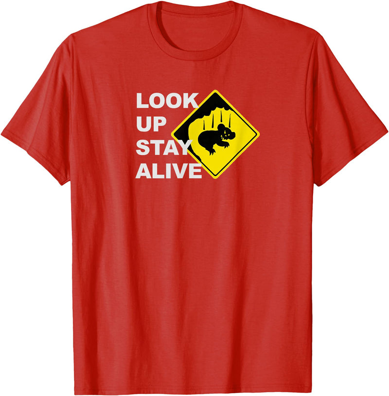 Drop Bear Meme Beware Drop Bears Look Up Stay Alive Funny Aussie TShirt T-Shirt - Red