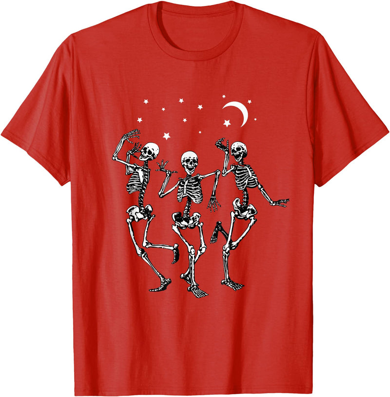Skeleton Dancing Under The Moon Funny Happy Halloween T-Shirt - Red
