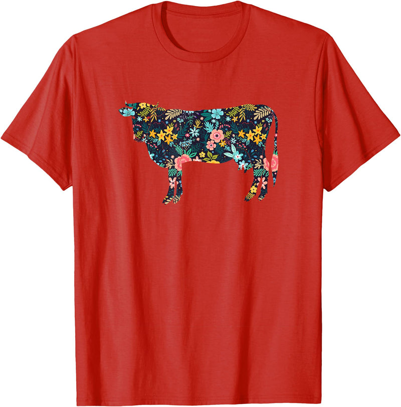 Cow Floral Silhouette Cattle Farm Lover Floral Cow Silhouette Womens Girls Cow Farm Animal T-Shirt - Red