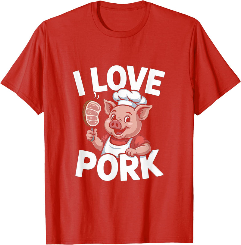 Pig Chef Barbecue Enthusiast Humor I Love Pork Funny Pig Chef Cartoon BBQ T-Shirt - Red