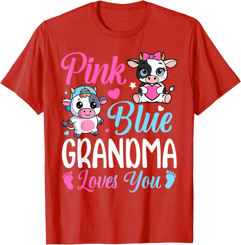 Cow Baby Shower Announcement Family Matching Tees Pink Or Blue Grandma Loves You Cow Gender Reveal Family T-Shirt - Red