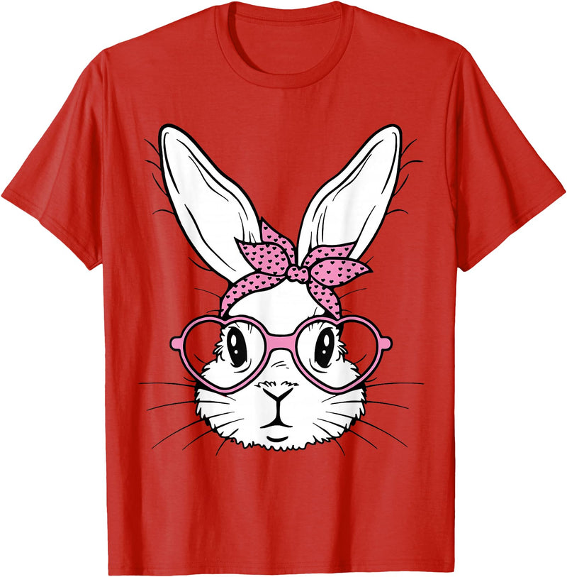 Cute Bunny Rabbit Face with Bandana Heart Glasses Easter Day T-Shirt in Red