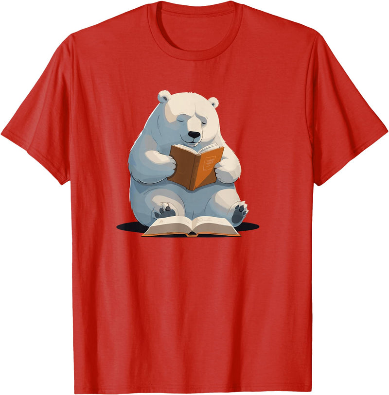 Book Lovers Polar Bear reading Books Cute Polar Bear is reading a Book, Reading Polar Bear T-Shirt - Red