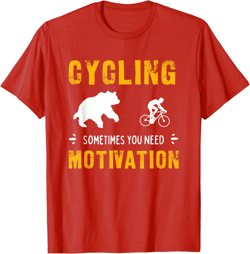 Cycling Needs Motivation - Bear Chasing Cyclist - Funny T-Shirt - Red