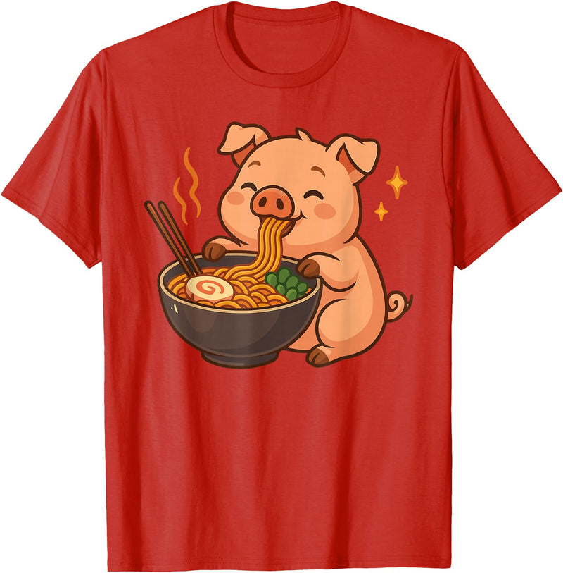 Pig Eating Ramen Kawaii Anime Animals Pig with Noodles Ramen Kawaii Pig T-Shirt - Red