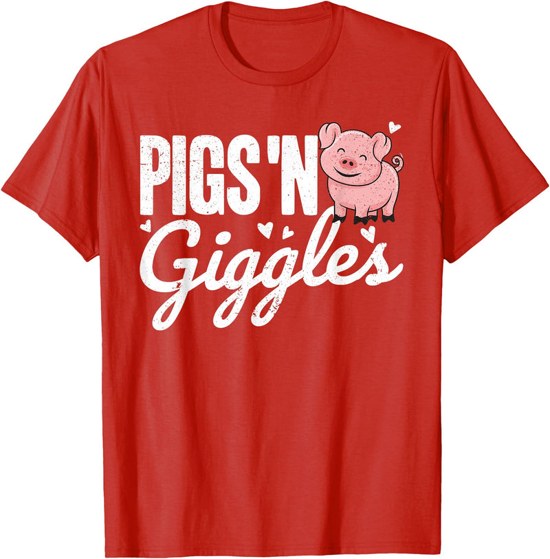 The Cute Pig Farming Apparel Co. Pigs 'n Giggles Funny Farm Pig Farmer Pigs Women Girls T-Shirt - Red