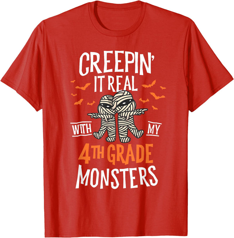 Halloween by Joy Haus Creepin It Real with My 4th Grade Monsters Halloween Teacher T-Shirt - Red
