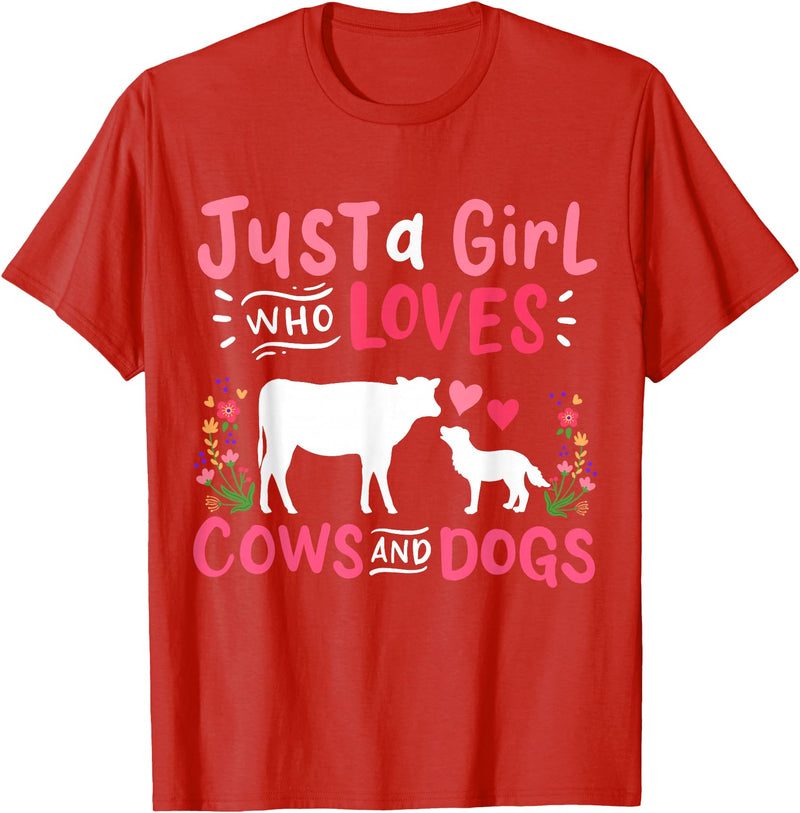 Cow Lover Gift Just a Girl Who Loves Cows and Dogs Farmer T-Shirt - Red