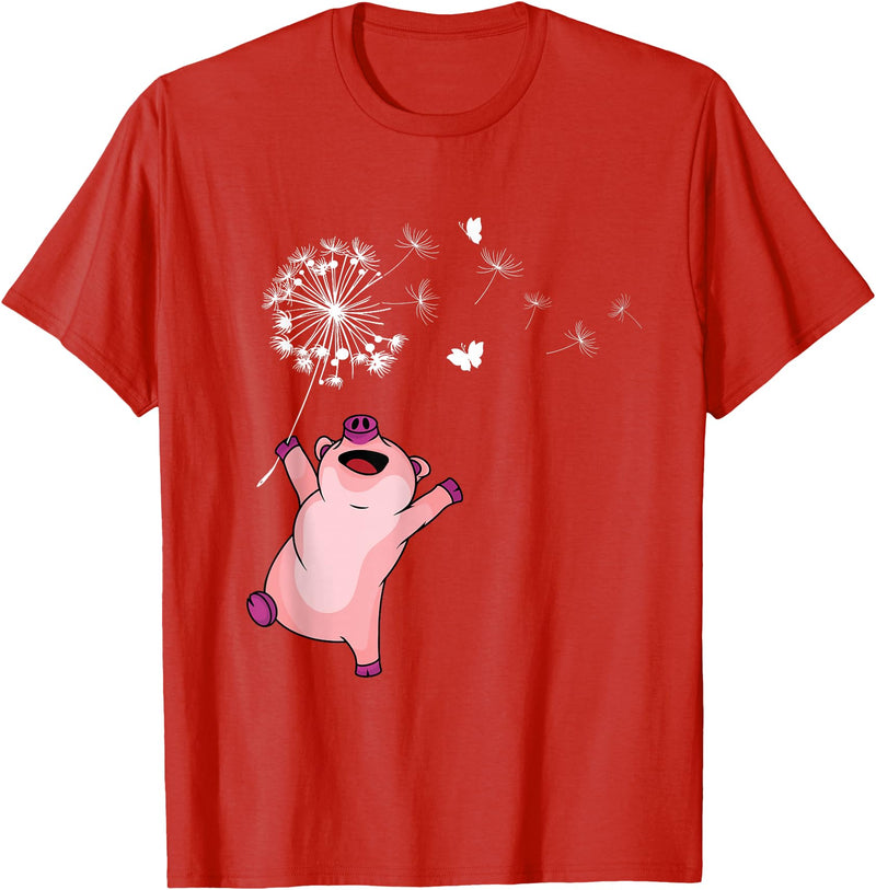 Pig Gifts For Men & Women Happy Pig Lover Kids Dandelion Nature Dancing Pig T-Shirt - Red