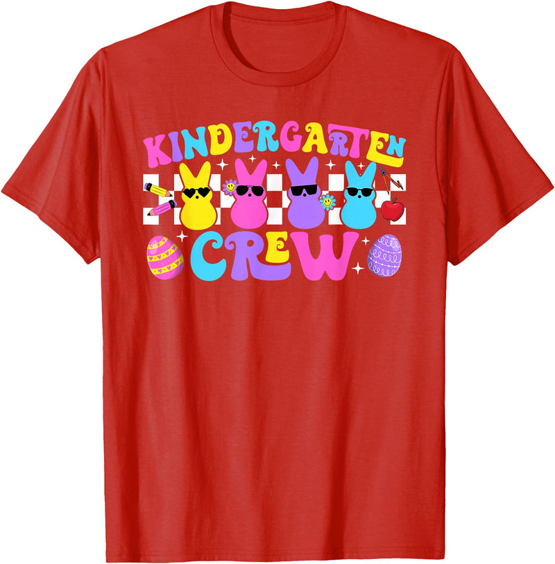 Kindergarten Crew Retro Bunny Teacher Easter Day Rabbit T-Shirt in Red