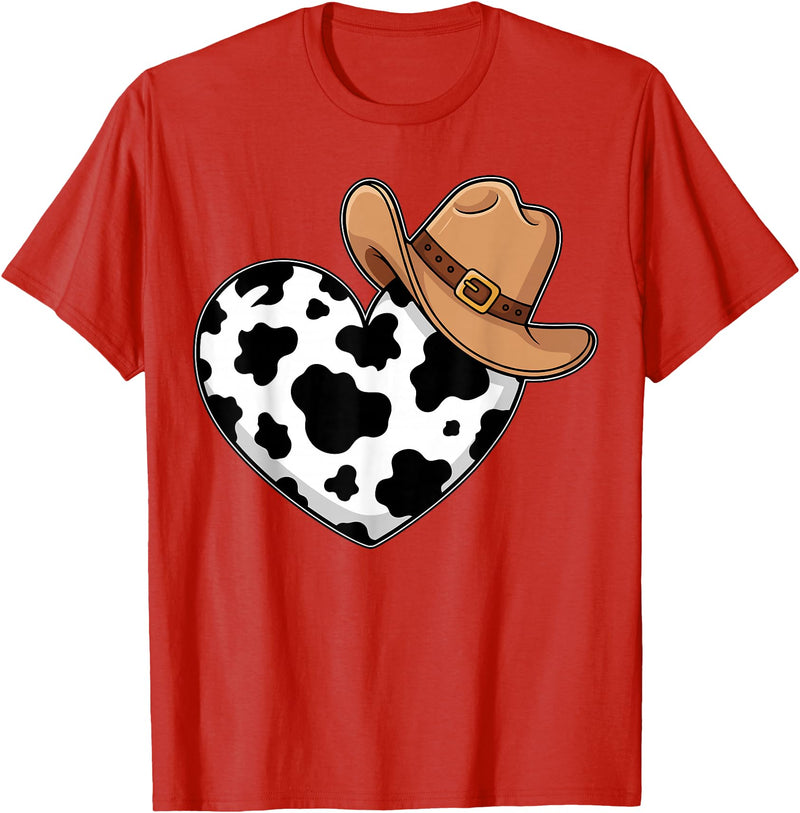 Magical and Funny Western Gifts Western Cow Print Heart Cowboy Cowgirl T-Shirt - Red