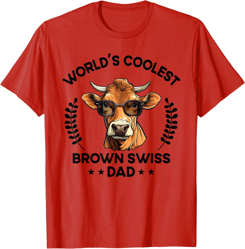 The Woof Wardrobe World's Coolest Cow Dad Papa - Men Farmer Brown Swiss T-Shirt - Red