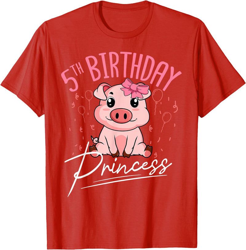 Pig Birthday 5 Cute Piggy Barn Party Apparel Pig 5th Birthday Princess Farm Party Hog Farmer Barnyard T-Shirt - Red