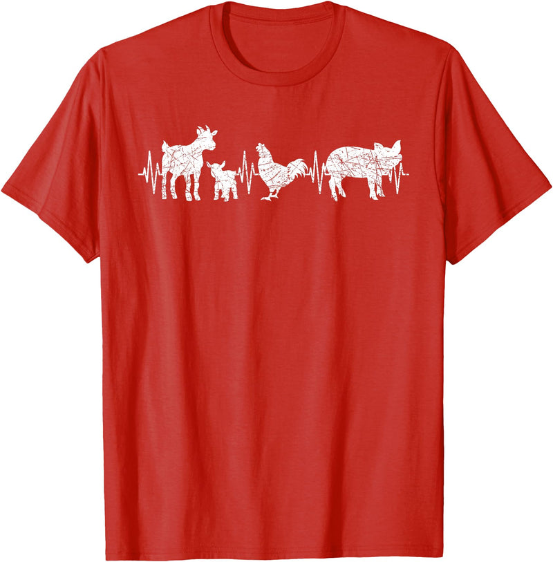 Farmer Farm Animal Lover Gifts Goat Chicken Pig Agriculture Heartbeat Farm Animals T-Shirt - Red
