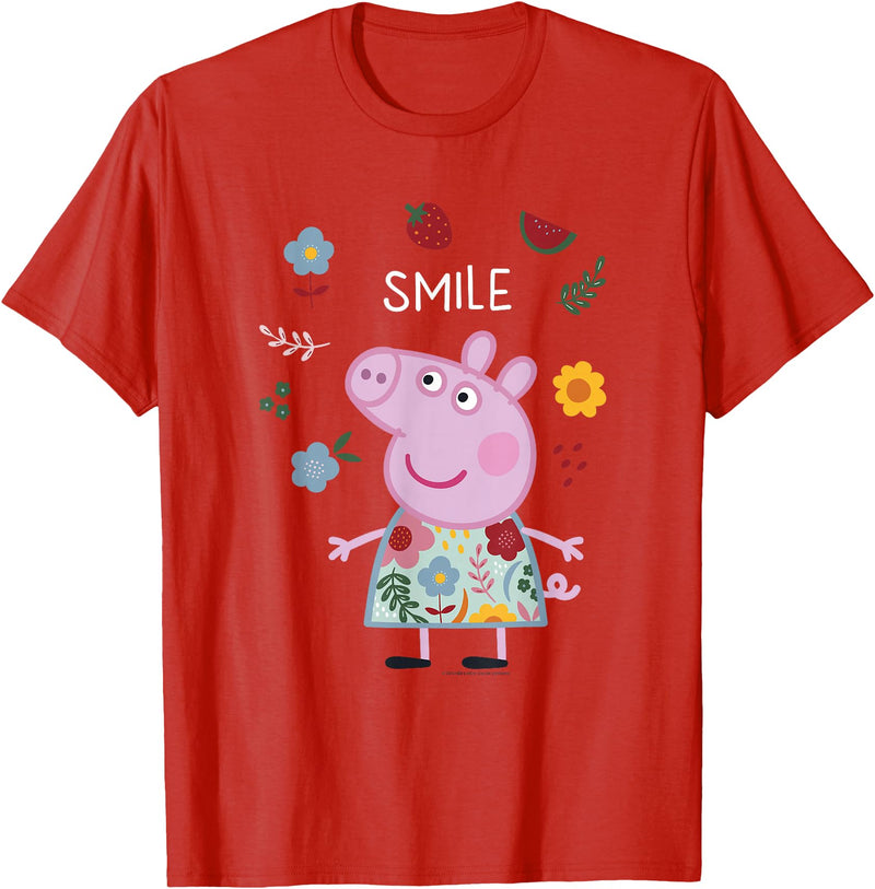 Peppa Pig Smile Cute Flowers & Fruit Full Body Portrait T-Shirt - Red