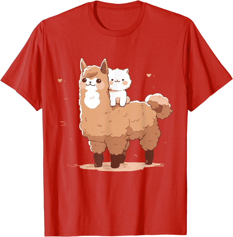 Funny Llama Alpaca Animal Lover Gifts Clothing Llama Alpaca Cat T-Shirt - Red