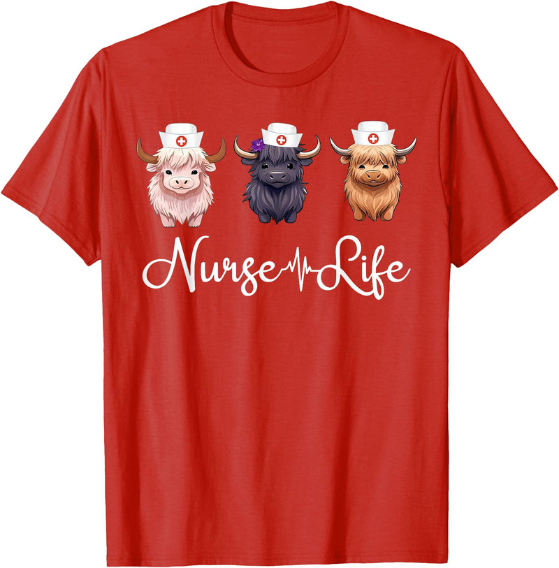 Highland Cow Nurse Life Costume Cute Highland Cow Nurse Life Farm Animal Lover Nursing T-Shirt - Red