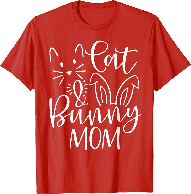 Cute Cat and Bunny Mom Design - Rabbit and Cat Owner T-Shirt in Red