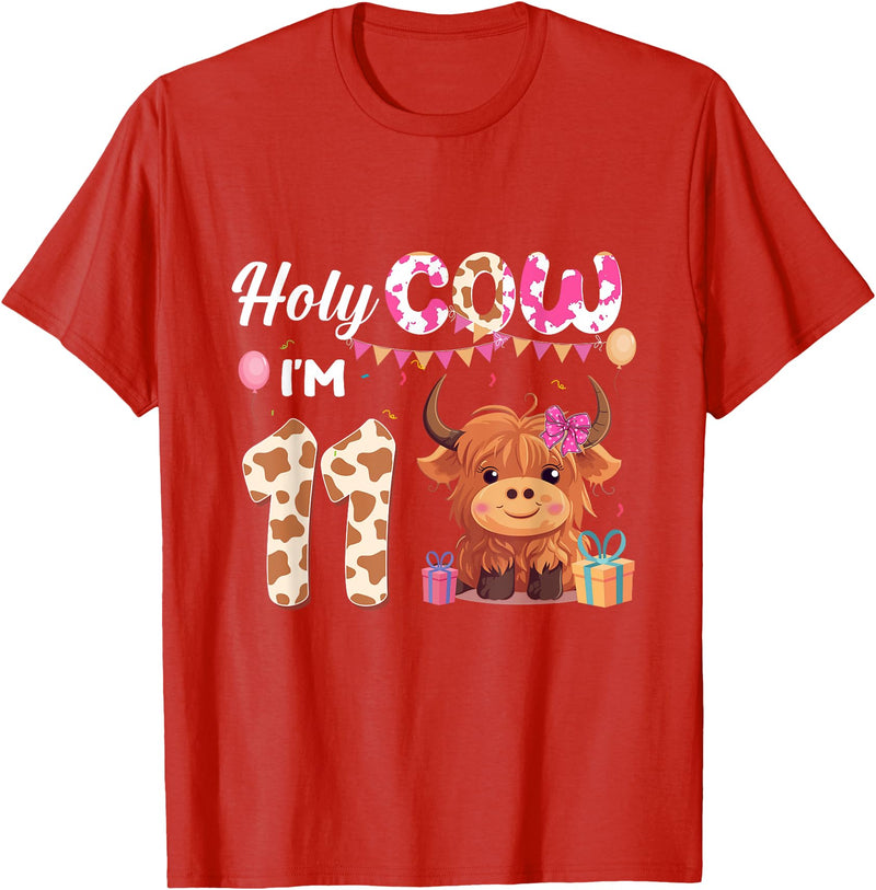 Highland Cow Birthday Gift For Girl Boy Holy Cow I'm 11 Year Old Birthday Highland Cow 11th Bday Kid T-Shirt - Red