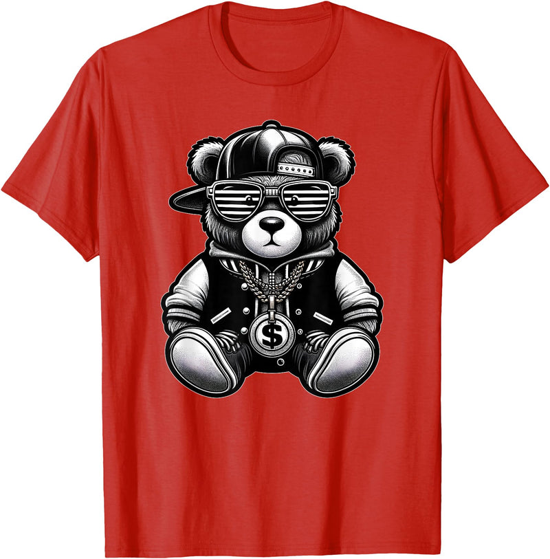 Teddy Bear Hip Hop Lovers Men Women & Kids Funny Hip Hop Teddy Bear 90s Graffiti Art Rap Lover Gangsta T-Shirt - Red