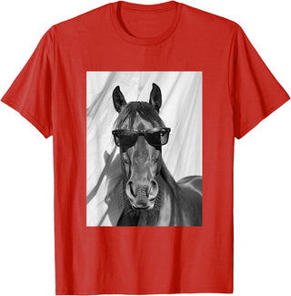 Funny Animal Photography Clothing Co. Cute Horse with Sunglasses Farm Animal Photo Booth T-Shirt - Red