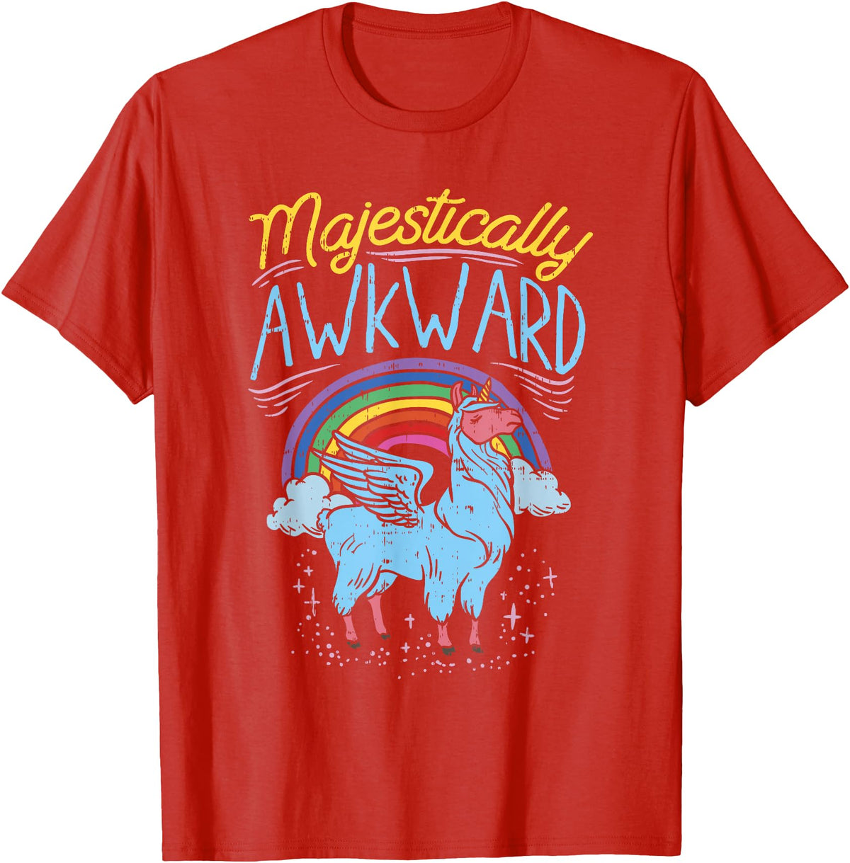 Llama Queen Birthday Party Gift Majestically Awkward Funny Llamacorn Llama Unicorn Rainbow T-Shirt - Red