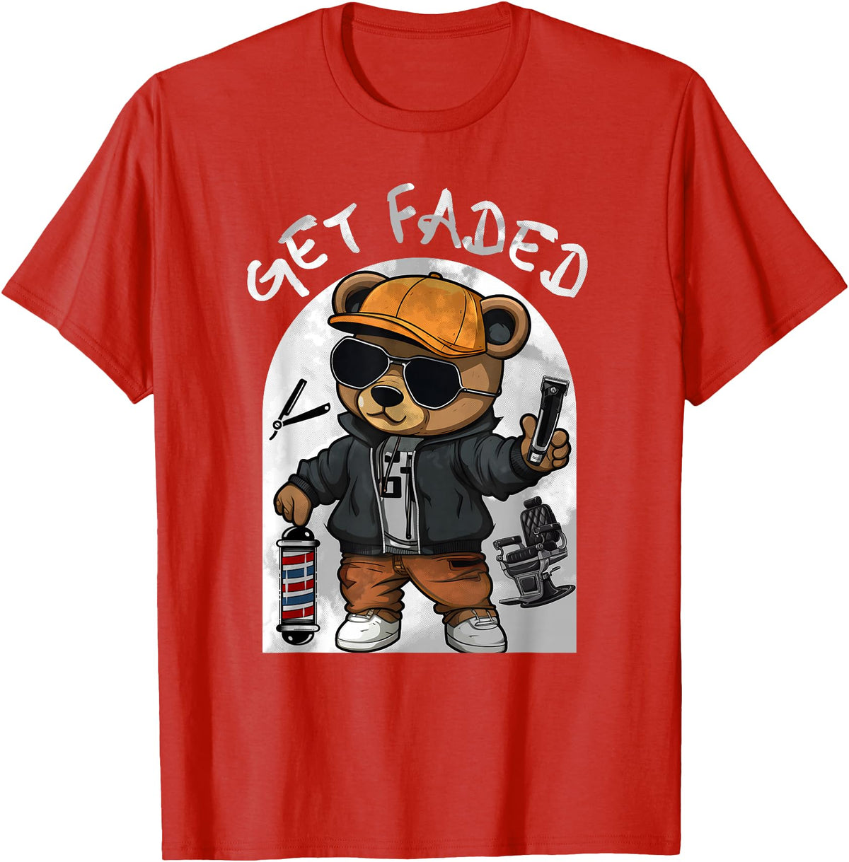 Black Barbershop African American Barber Designs Get Faded Hip Hop Teddy Bear Barber Streetwear Fade Haircut T-Shirt - Red