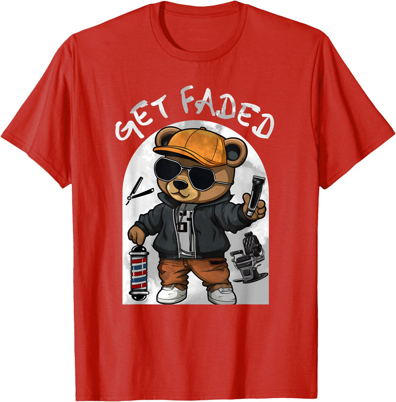 Black Barbershop African American Barber Designs Get Faded Hip Hop Teddy Bear Barber Streetwear Fade Haircut T-Shirt - Red