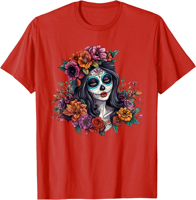 Sugar Skull Dia De Los Muertos Floral Skull Day of The Dead Sugar Skull Woman Floral Crown T-Shirt - Red