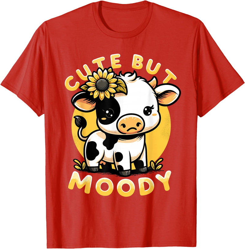 Cowgirl & Cow Lover Calf Gifts for Girls &Women Cute But Moody, Cute Cow, Kids, Farm & Baby Cow Sunflower T-Shirt - Red