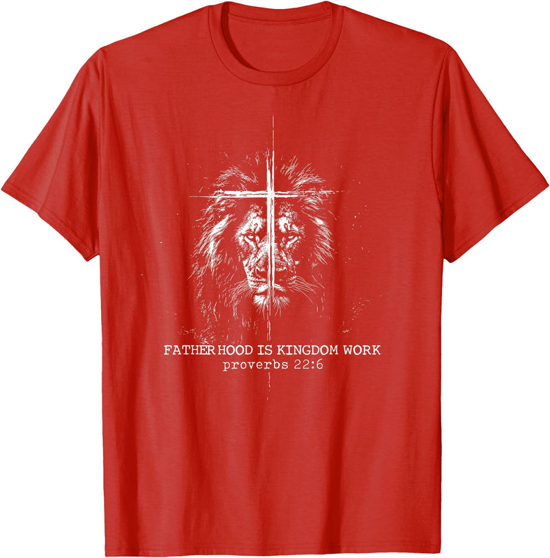 Retro Faith Based Lion Cross Father Day tee Fatherhood is Kingdom Work Retro Faith Based Lion Cross T-Shirt - Red