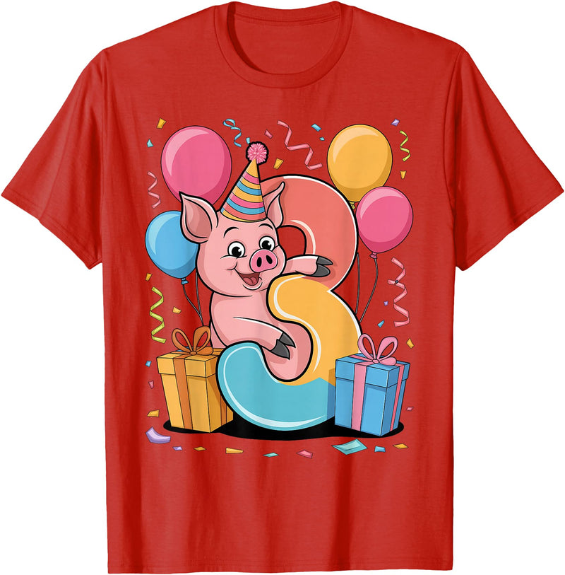 3rd Girls, Boys Pig 3 Birthday Pig 3rd birthday for boy girl 3 years old third three Pig T-Shirt - Red