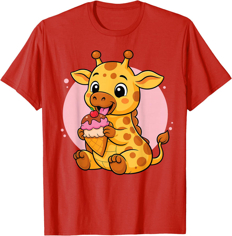 Funny Cute Giraffe Ice Cream Kawaii Design Giraffe Eating Ice Cream Graphic Boys Girls Giraffe Lover T-Shirt - Red