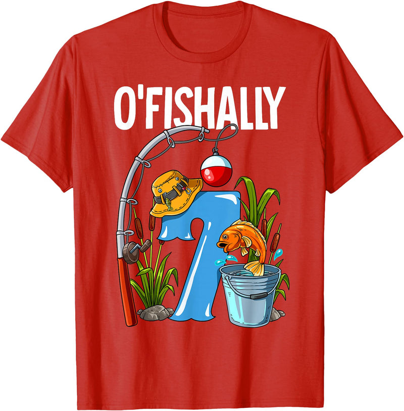Fishing Theme Birthday Gifts O'fishally 7 Years Old 7th Birthday Fishing T-Shirt - Red