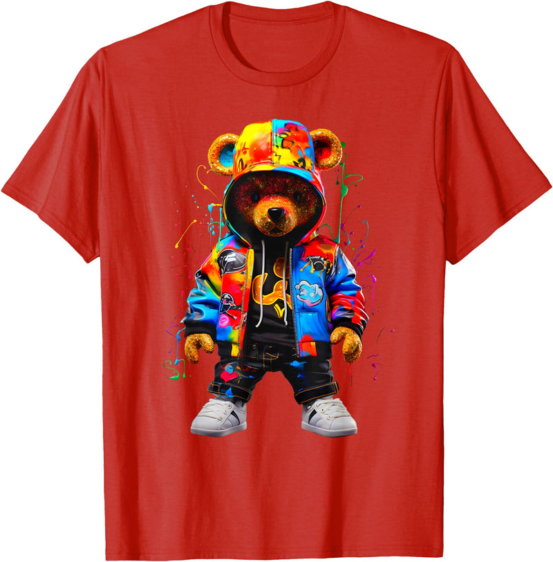 Hip-Hop Teddy-Bear Aesthetic Urban StreetWear Co. Hip-Hop Teddy-Bear Colorful Teddybear with Hoodie Graphic T-Shirt - Red