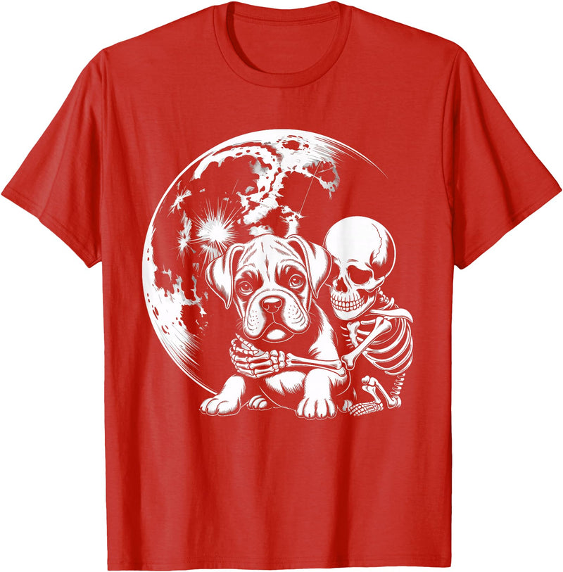 Cute Skeleton Boxer Dog Halloween Women Men Skeleton Hugging Dog Halloween Boxer Lover Mom Dad T-Shirt - Red
