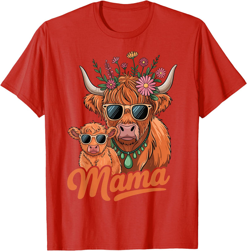 Scottish Farm Matching Mom Daughter Highland Cow Highland Cow Mama Mom Baby Calf Daughter Floral Mothers Day T-Shirt - Red