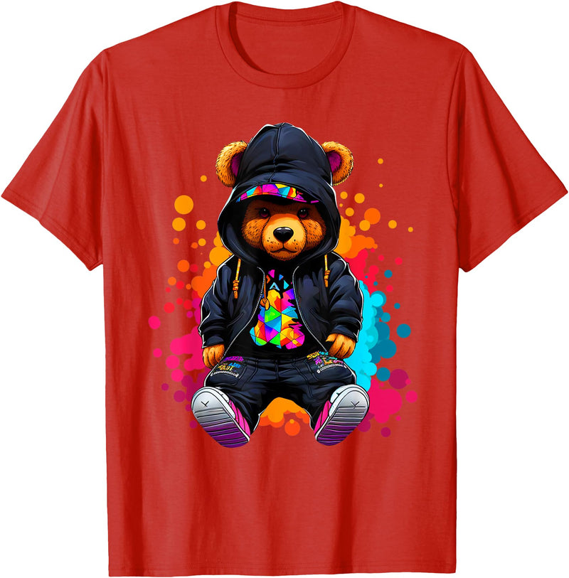 Hip Hop Teddy Bear Aesthetic Wear Co. Hip Hop Bear Colorful Teddy Bear With Hoodie Baseball Cap T-Shirt - Red